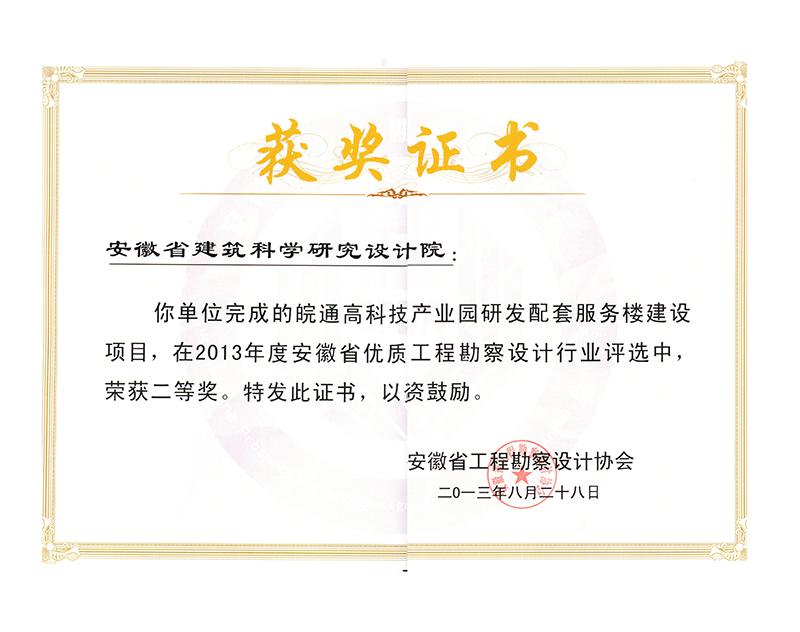 2013年度安徽省优秀工程勘察设计二等奖（建筑工程）